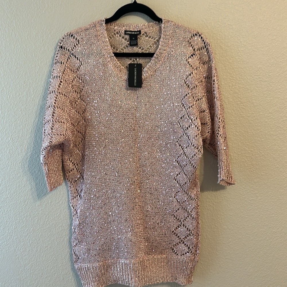 Lauren Michelle 3/4 sleeve pink sequin crochet pullover blouse top size XL